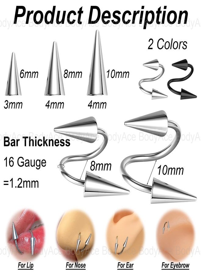 BodyAce Spike Nose Rings Spiral Lip Rings, Stainless Steel Black Spike Earrings Cartilage Helix Piercing, Punk Spike Lower Labret Studs Piercing Jewelry (Bar Length:10mm) - Image 2